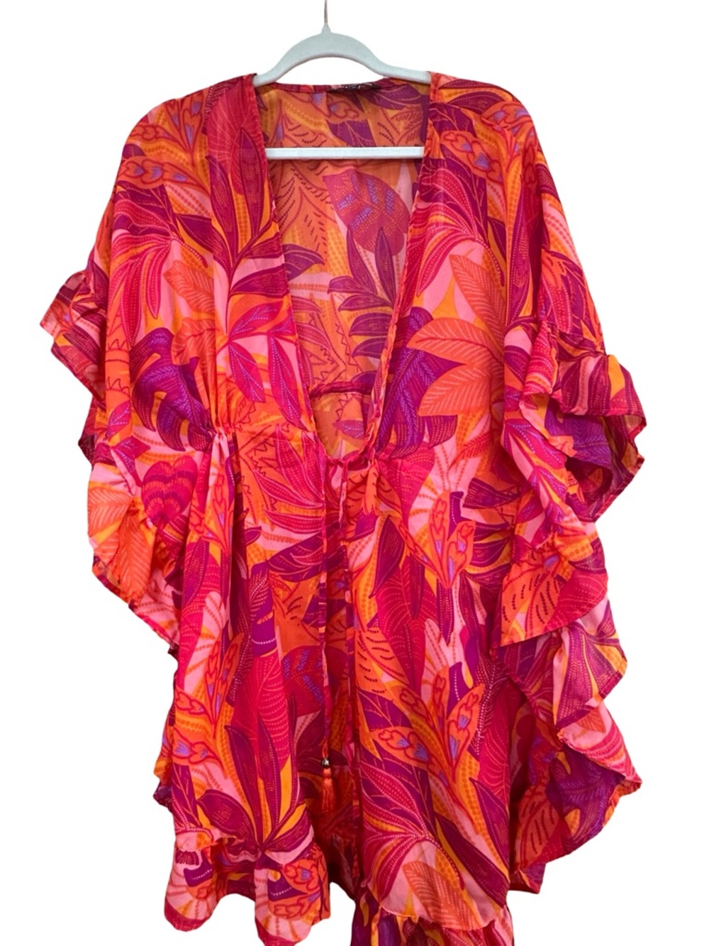 Vibrant Pink & Orange Tropical Print Kimono cover up 1X - Picture 2 of 6